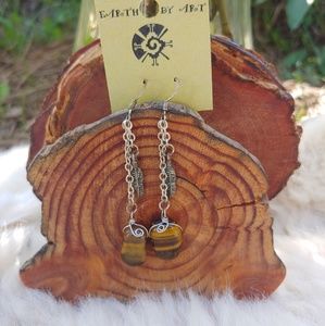 Tiger eye feather boho hippy festival earrings